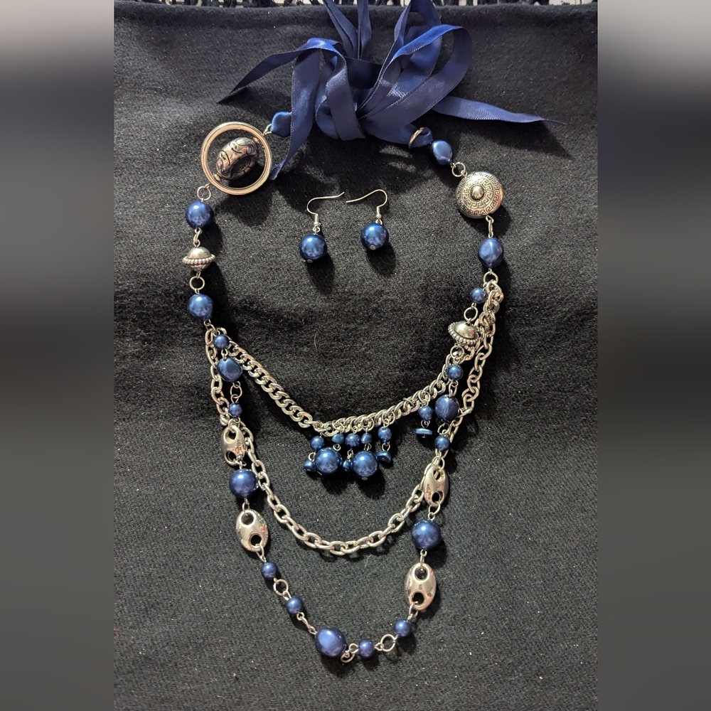 Silver Tone Blue Beaded Layered Ribbon Tie Necklace And Earrings Set